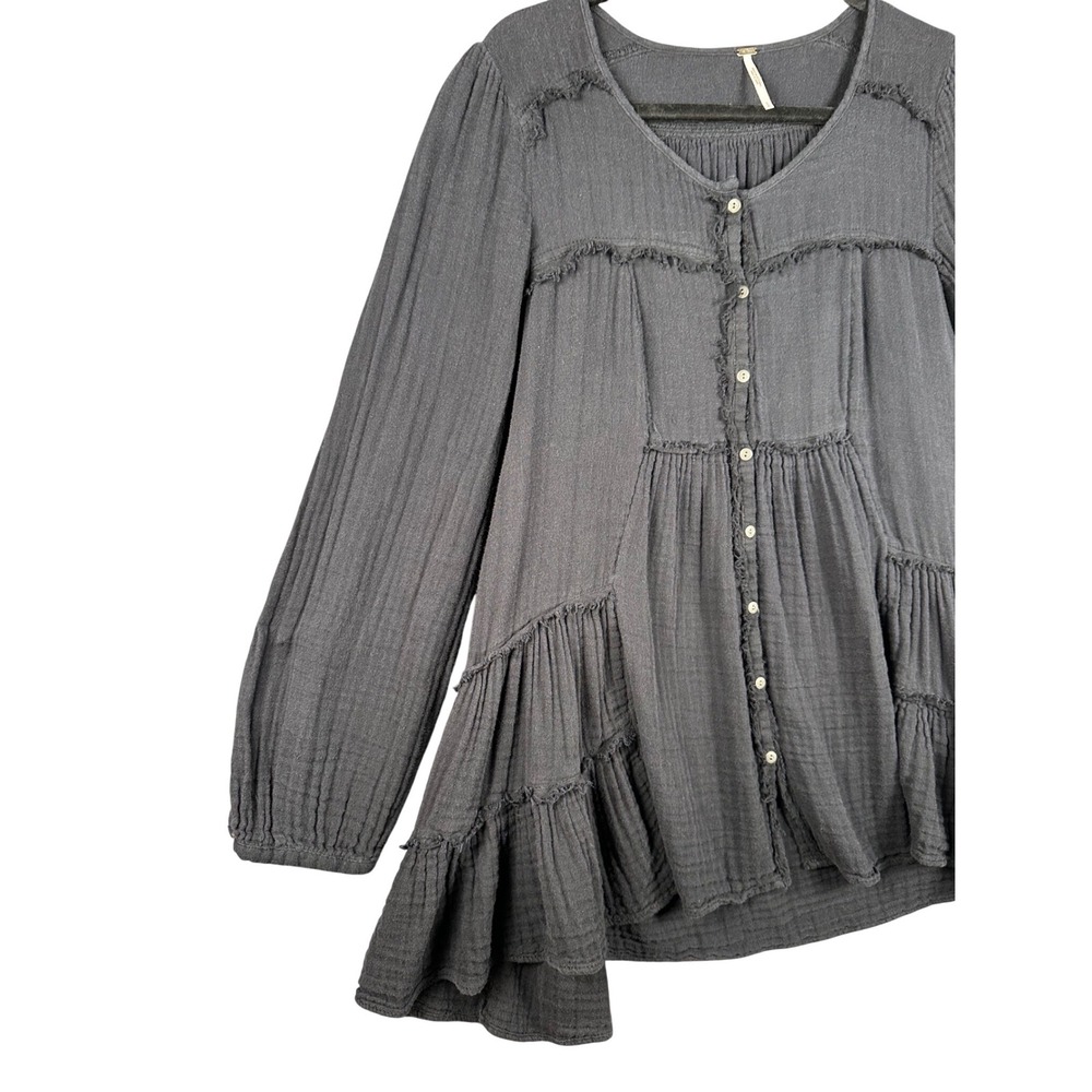 Free People Black Gray Gauze Tiered Boho Peasant Tunic Top Small Fairy Grunge - Picture 5 of 7